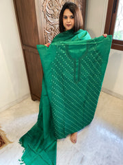 Green Suit Set with Hand Embroidery in Pure Tussar Silk - Masakalee
