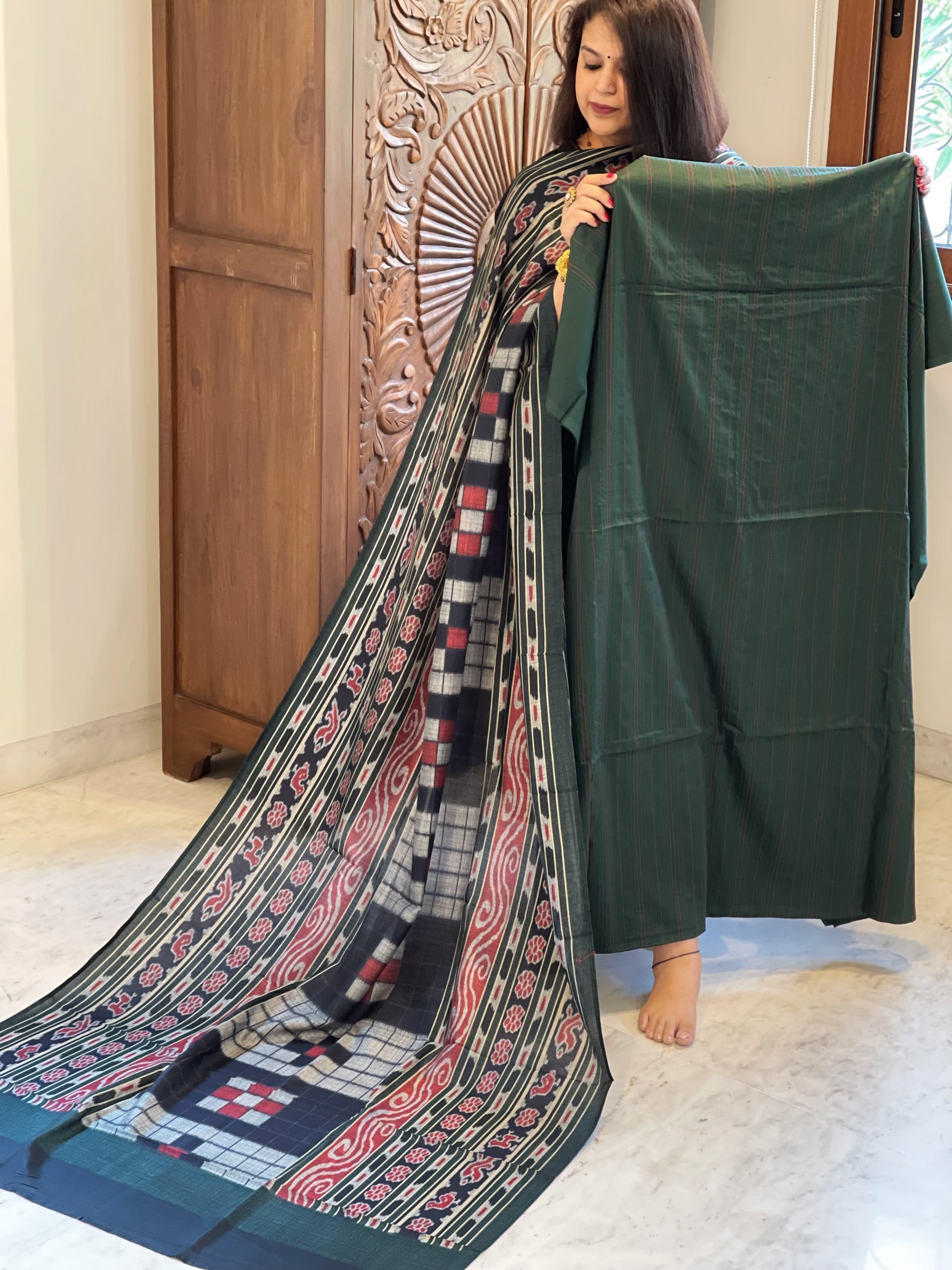 Green Suit Set with Kantha Stitch Work on Glazed Cotton - Masakalee