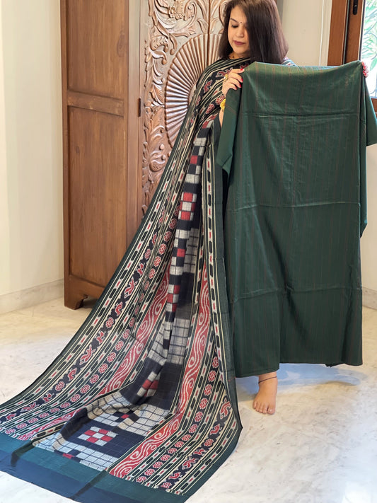 Green Suit Set with Kantha Stitch Work on Glazed Cotton - Masakalee