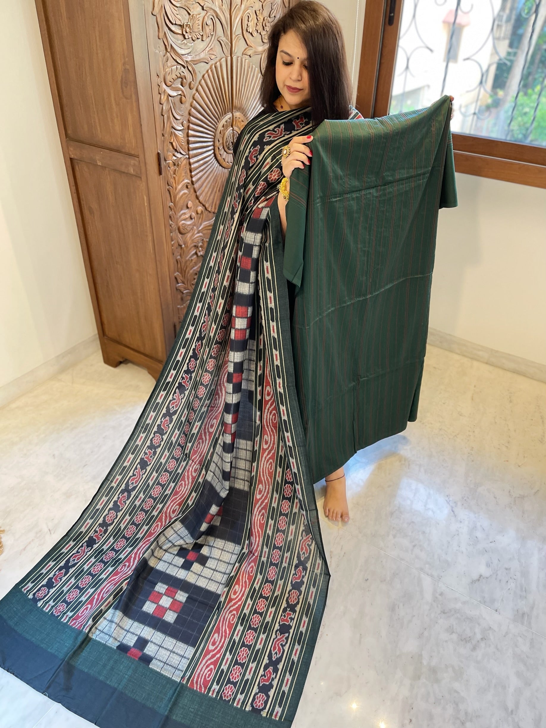 Green Suit Set with Kantha Stitch Work on Glazed Cotton - Masakalee