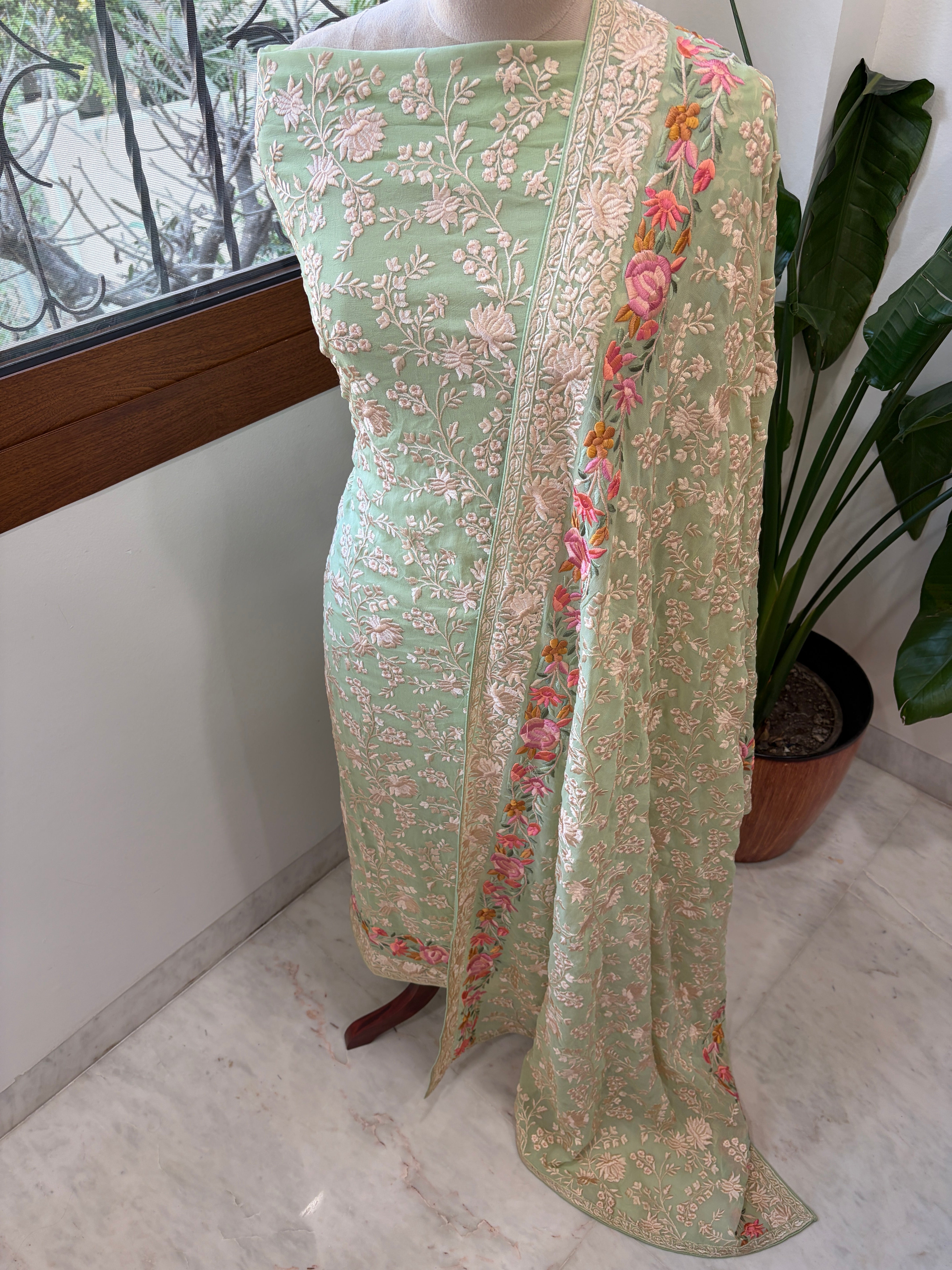 Green Suit Set with Parsi Gara Embroidery in Georgette - Masakalee