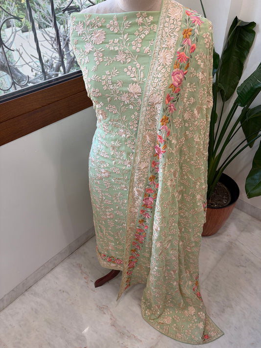 Green Suit Set with Parsi Gara Embroidery in Georgette - Masakalee
