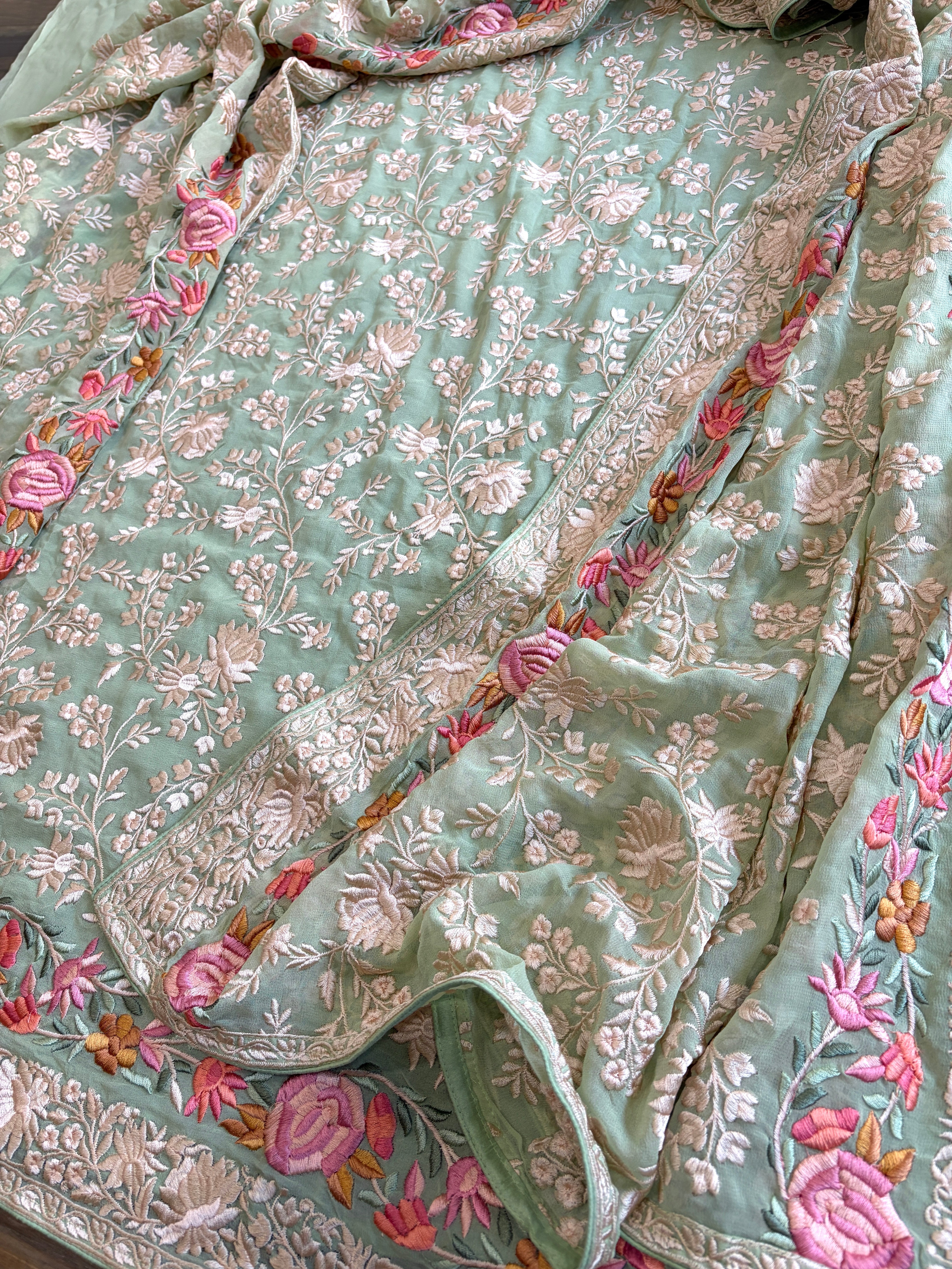 Green Suit Set with Parsi Gara Embroidery in Georgette - Masakalee