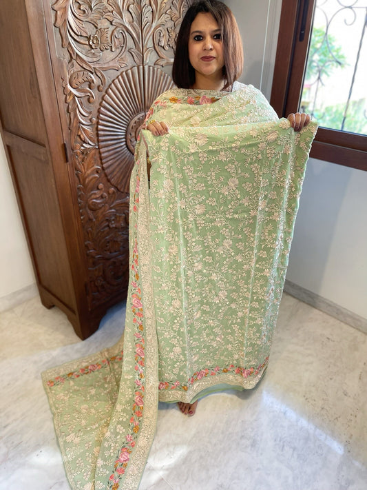 Green Suit Set with Parsi Gara Embroidery in Georgette - Masakalee
