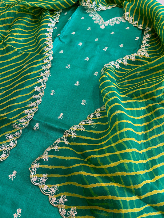 Green Suit Set with Pitta Work in Pure Tussar Silk - Masakalee