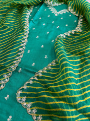 Green Suit Set with Pitta Work in Pure Tussar Silk - Masakalee