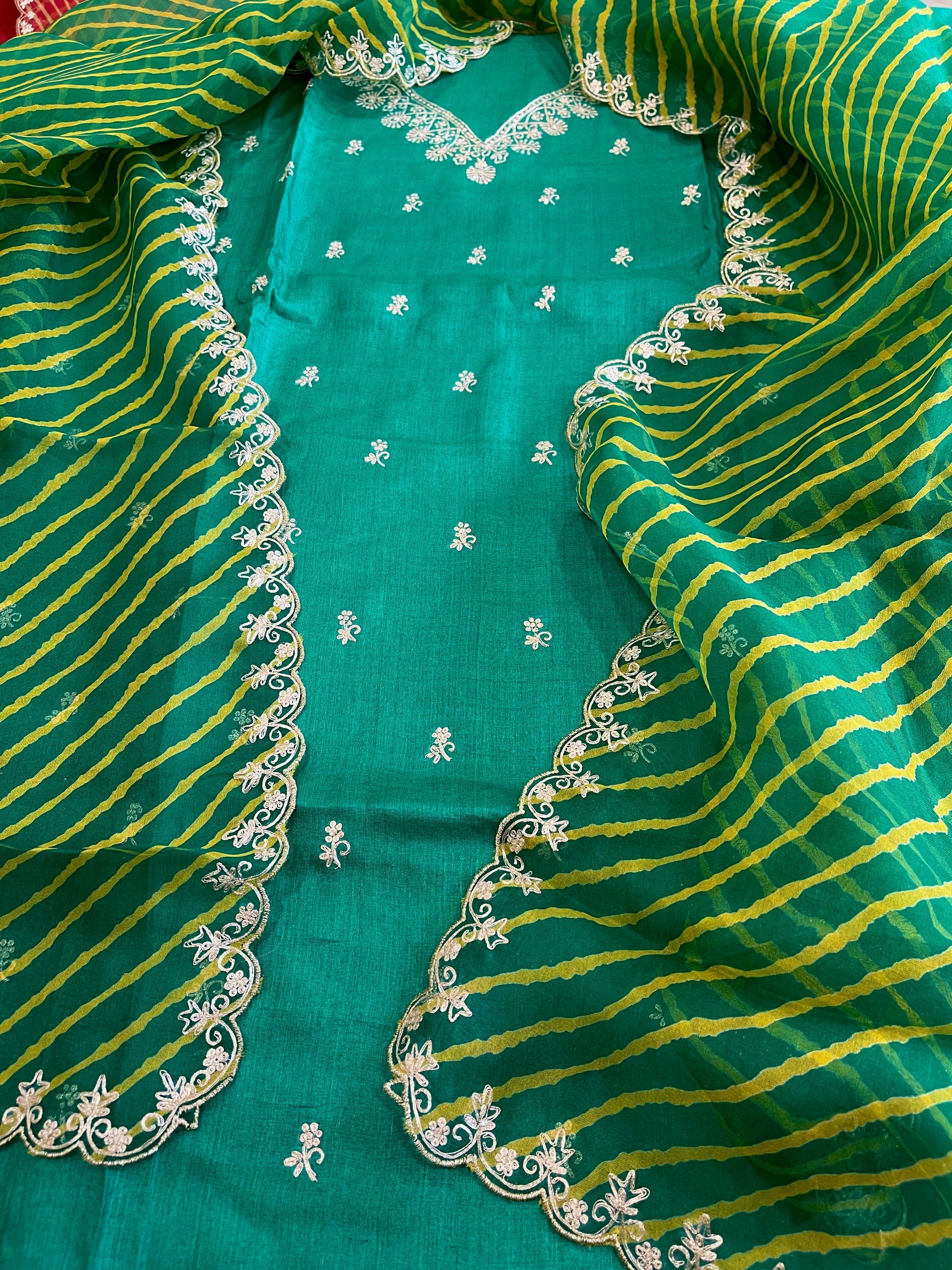 Green Suit Set with Pitta Work in Pure Tussar Silk - Masakalee