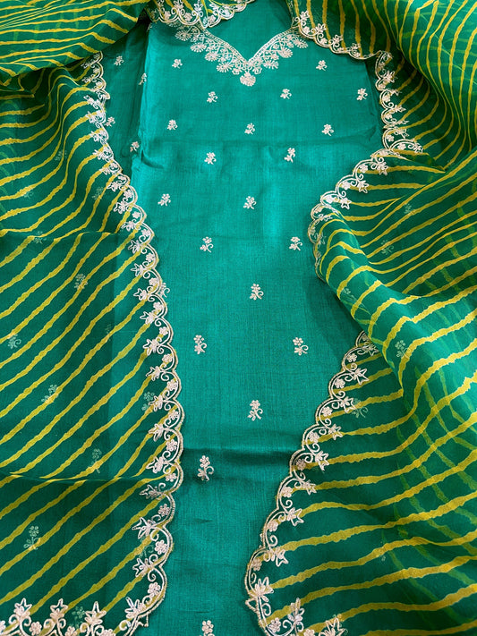 Green Suit Set with Pitta Work in Pure Tussar Silk - Masakalee