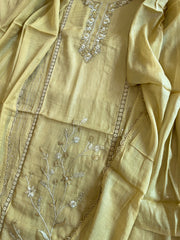 Green Suit Set with Sequin ad Knot handwork in Mul Chanderi - Masakalee