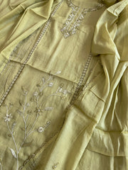 Green Suit Set with Sequin ad Knot handwork in Mul Chanderi - Masakalee