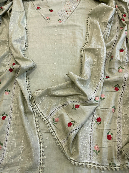 Green Suit Set with Thread and Sequin Embroidery in Pure Cotton - Masakalee