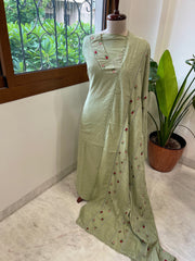 Green Suit Set with Thread and Sequin Embroidery in Pure Cotton - Masakalee