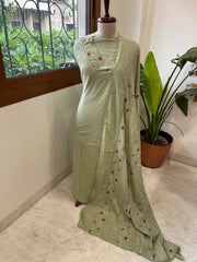 Green Suit Set with Thread and Sequin Embroidery in Pure Cotton - Masakalee