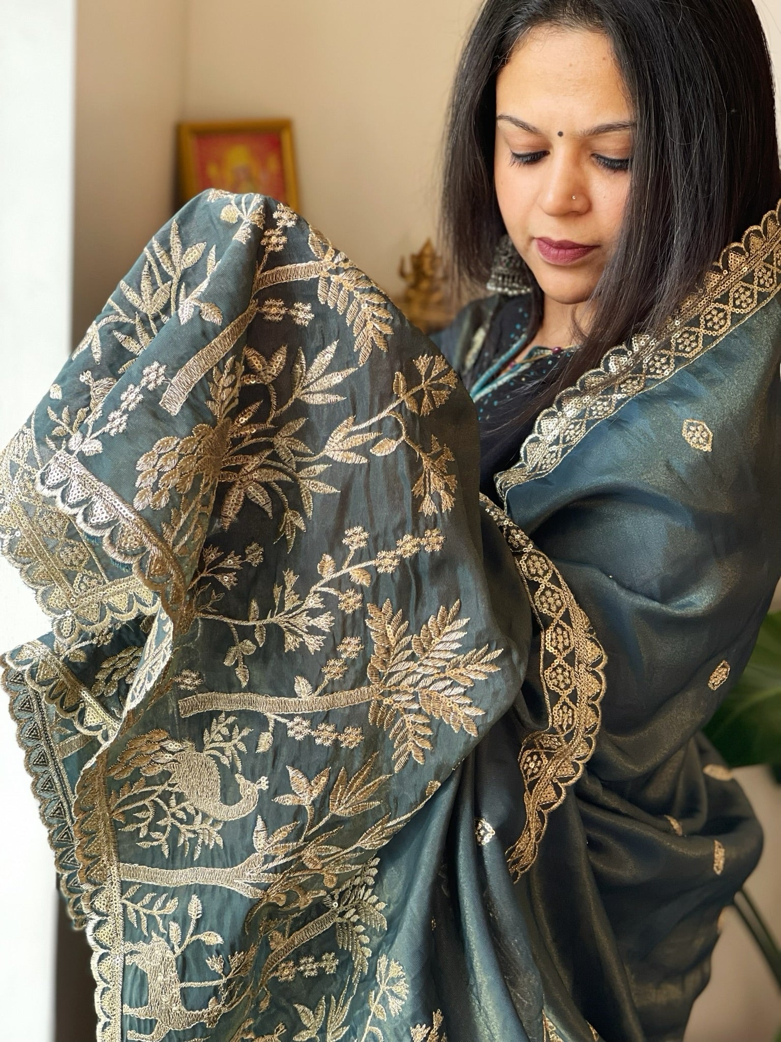 Green Tissue Chanderi dupatta with Heavy Embroidered Pallu - Masakalee