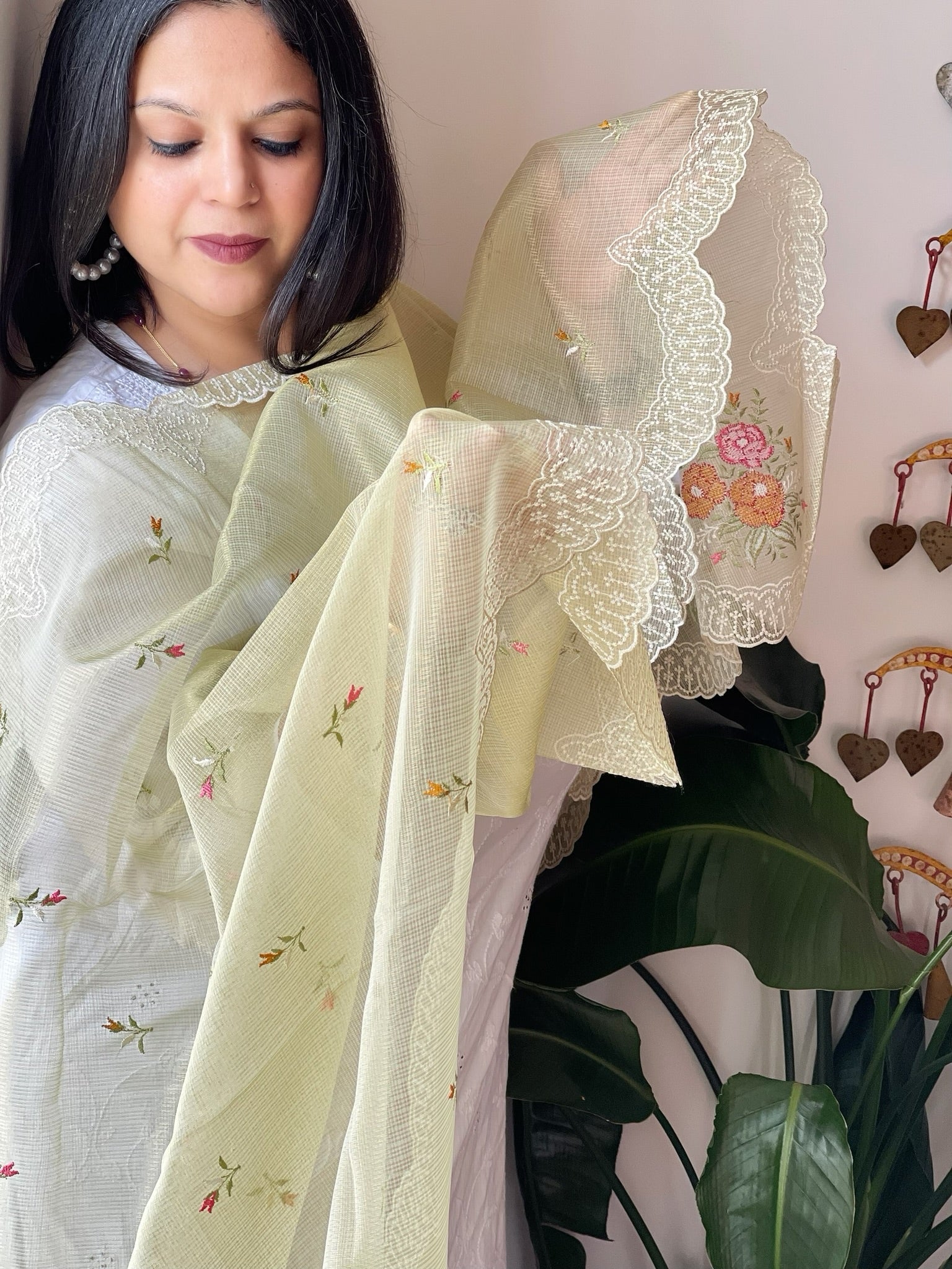 Green Tissue Organza Dupatta with cross - stitch embroidery - Masakalee