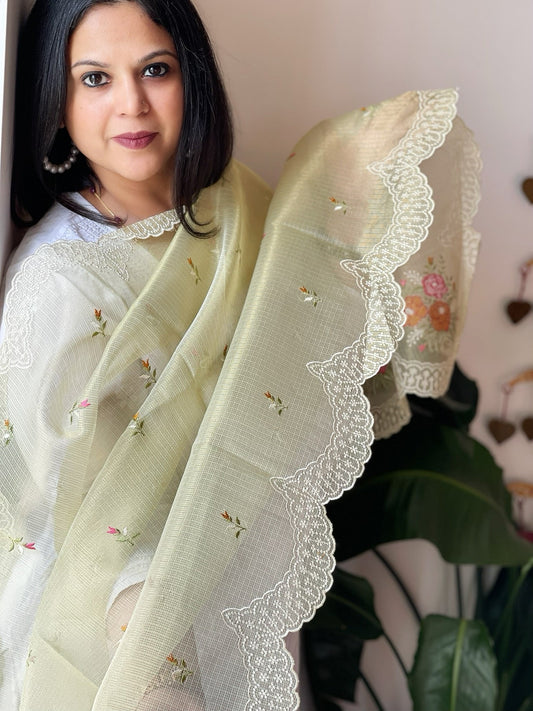 Green Tissue Organza Dupatta with cross - stitch embroidery - Masakalee