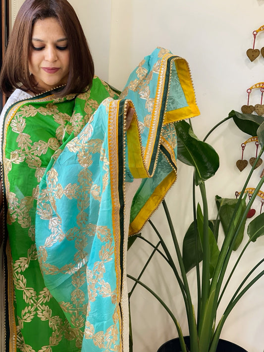 Green, Turquoise Chinon Dupatta with Gota Lace Work - Masakalee