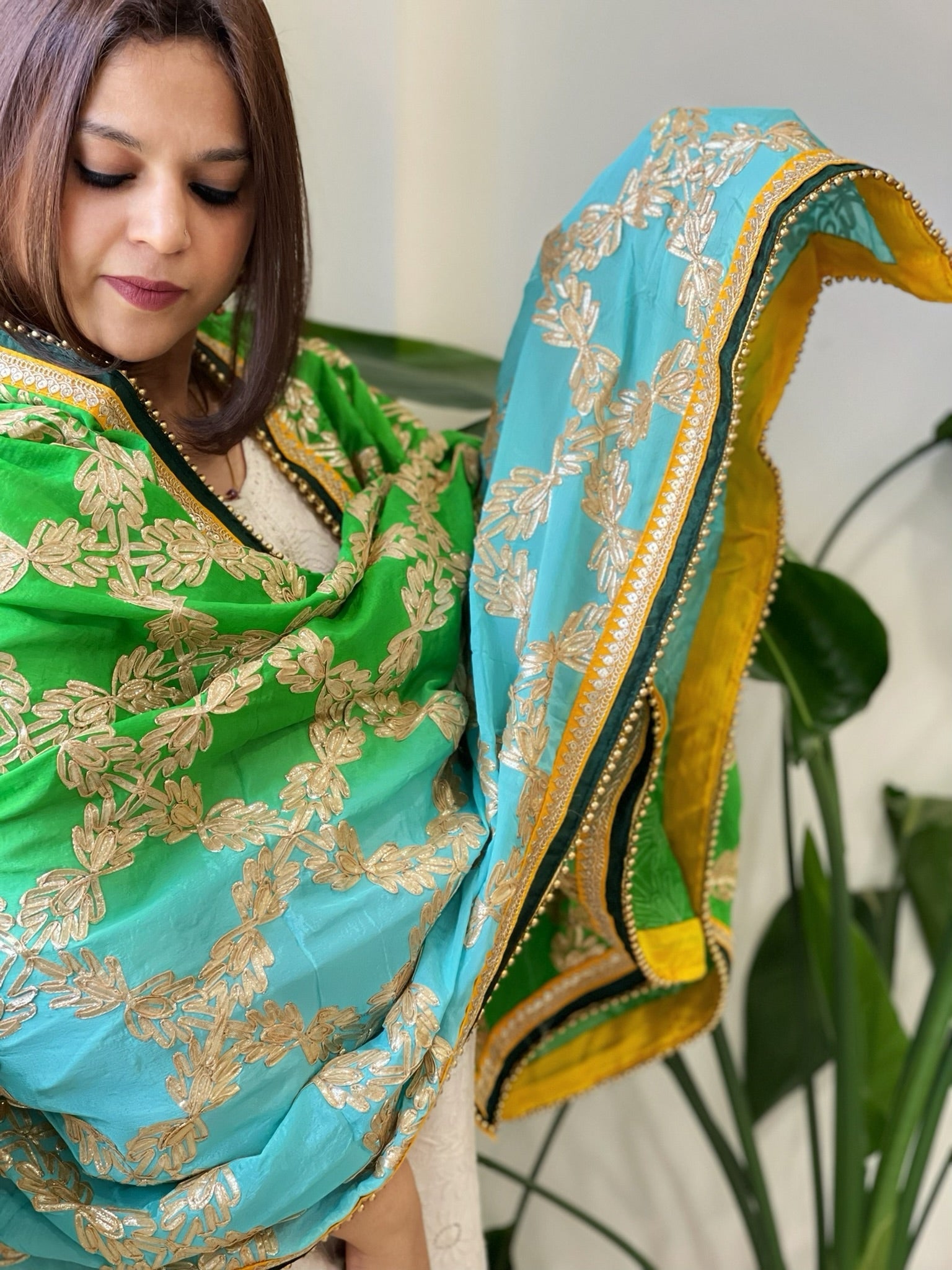 Green, Turquoise Chinon Dupatta with Gota Lace Work - Masakalee