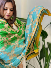 Green, Turquoise Chinon Dupatta with Gota Lace Work - Masakalee