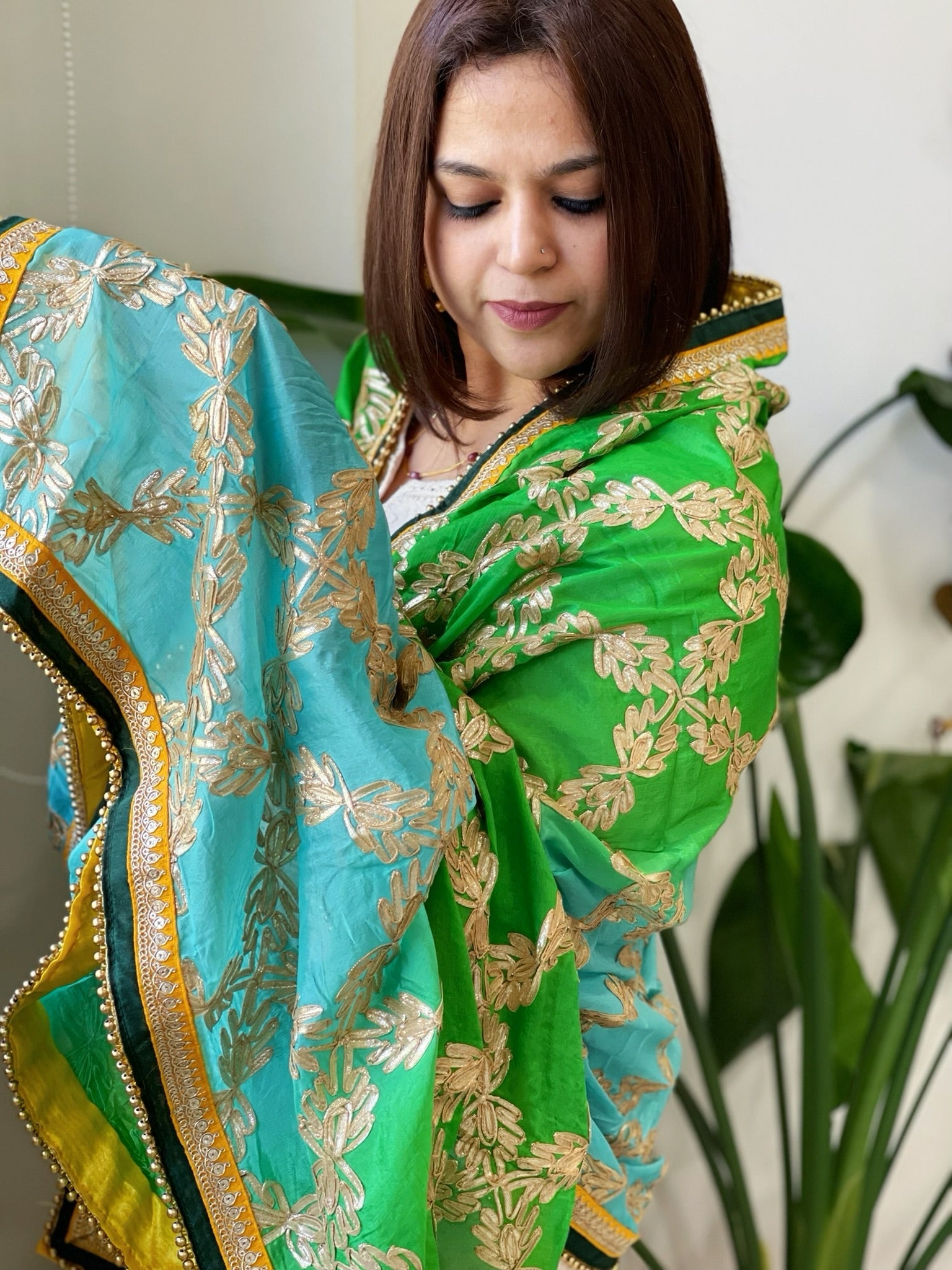 Green, Turquoise Chinon Dupatta with Gota Lace Work - Masakalee