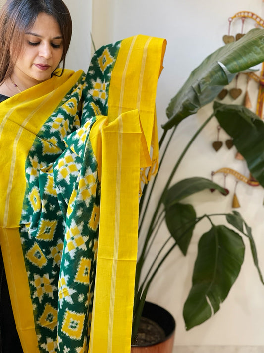 Green, Yellow Double Ikat Telia Rumal Dupatta in Cotton - Masakalee