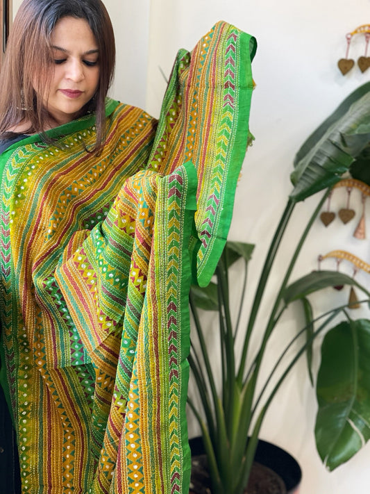 Green, Yellow Handmade Kantha Dupatta in Silk - Masakalee