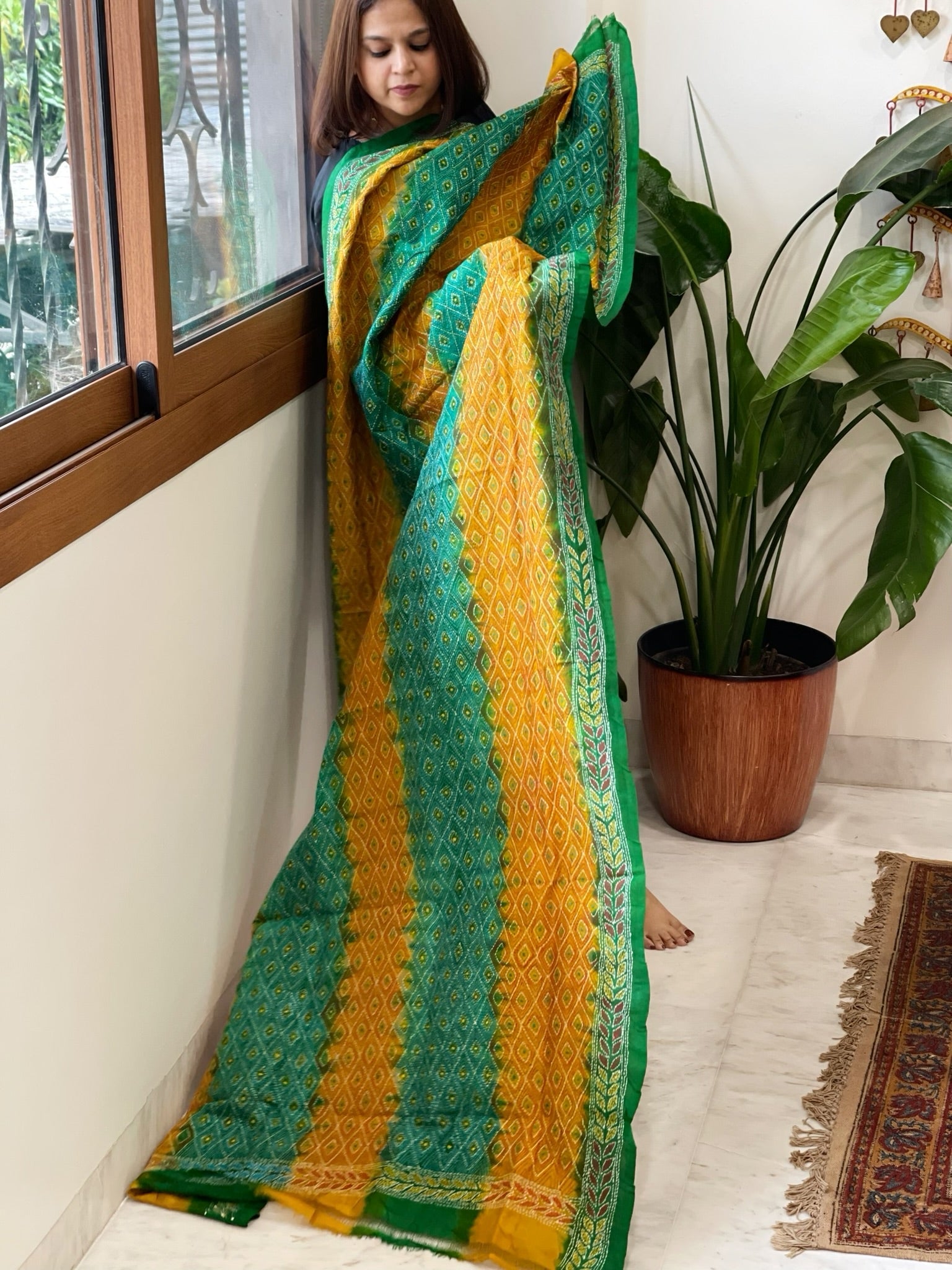 Green, Yellow Handmade Kantha Dupatta in Silk - Masakalee
