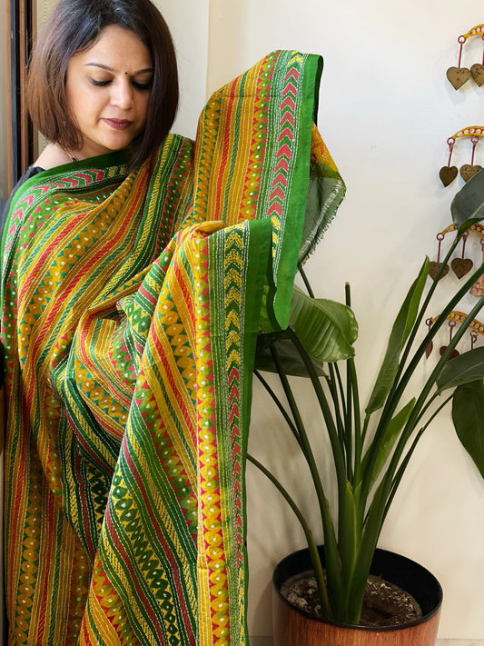 Green, Yellow Handmade Kantha Dupatta in Silk - Masakalee