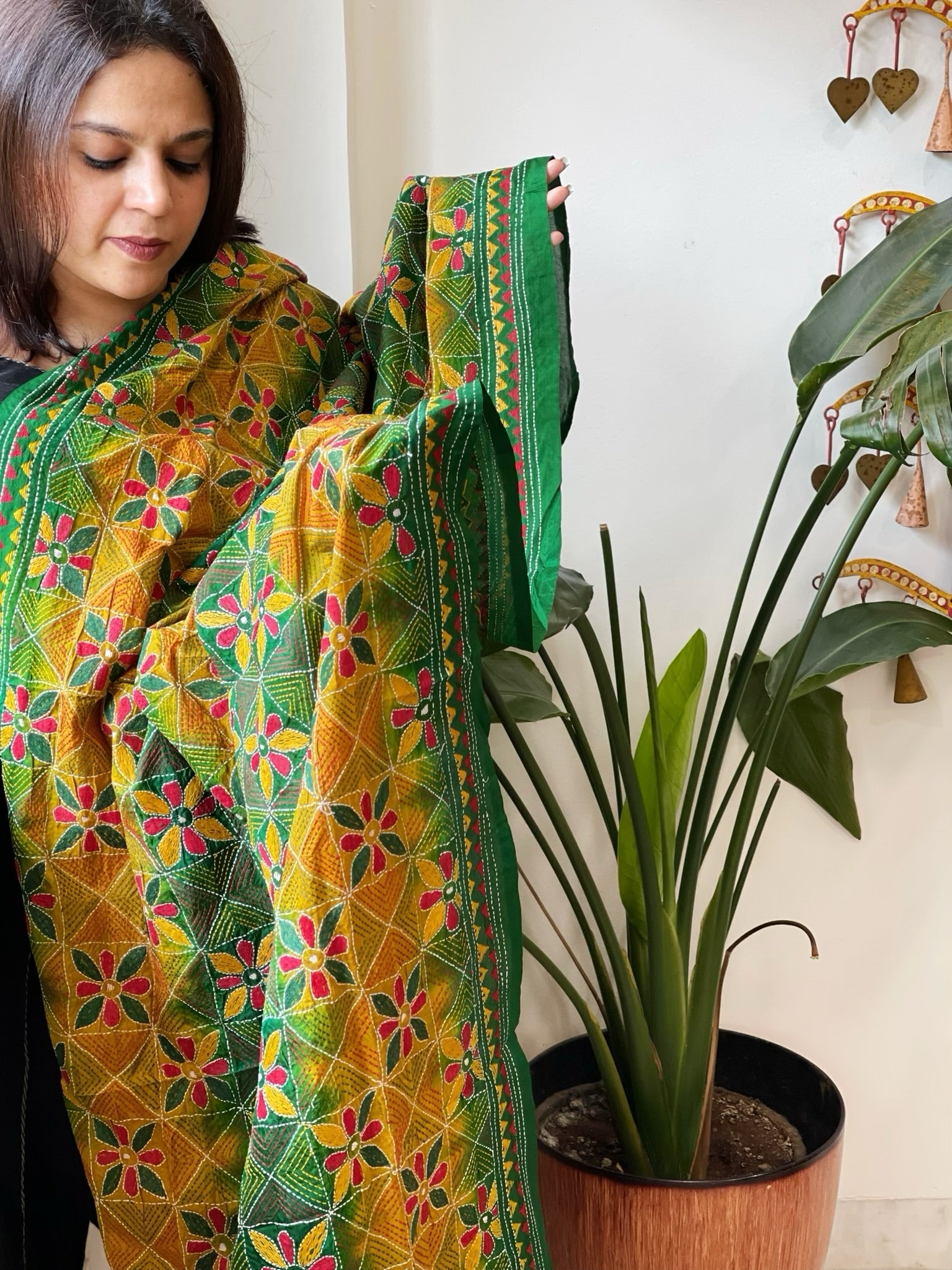 Green, Yellow Handmade Kantha Dupatta in Silk - Masakalee