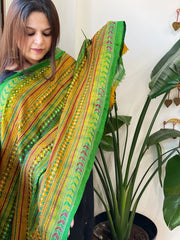 Green, Yellow Handmade Kantha Dupatta in Silk - Masakalee