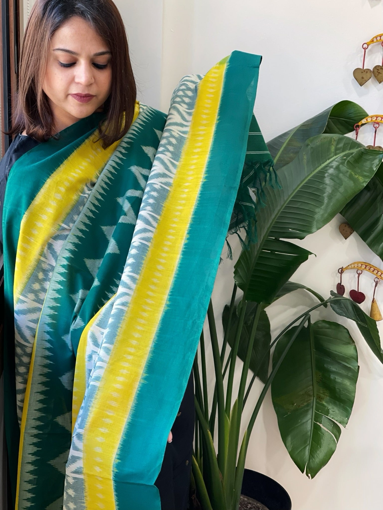Green, Yellow Handwoven Ikat Dupatta in Cotton - Masakalee