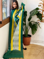 Green, Yellow Handwoven Ikat Dupatta in Cotton - Masakalee