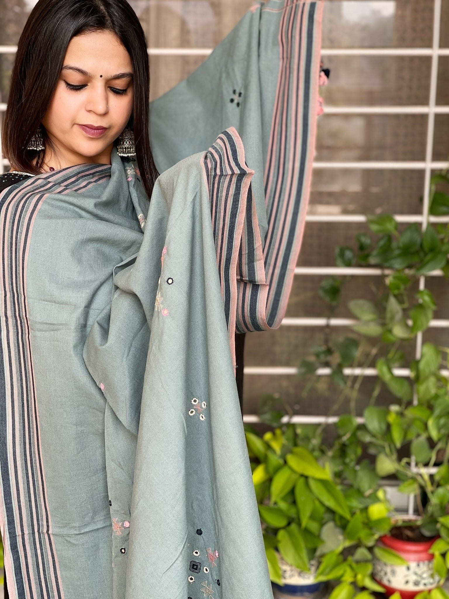 Greenish Blue Handwoven Bhujodi Dupatta with Mirror Handwork in Kala Cotton - Masakalee