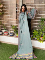 Greenish Blue Handwoven Bhujodi Dupatta with Mirror Handwork in Kala Cotton - Masakalee