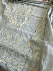 Greenish Grey Applique Suit Set in Mul Chanderi - Masakalee