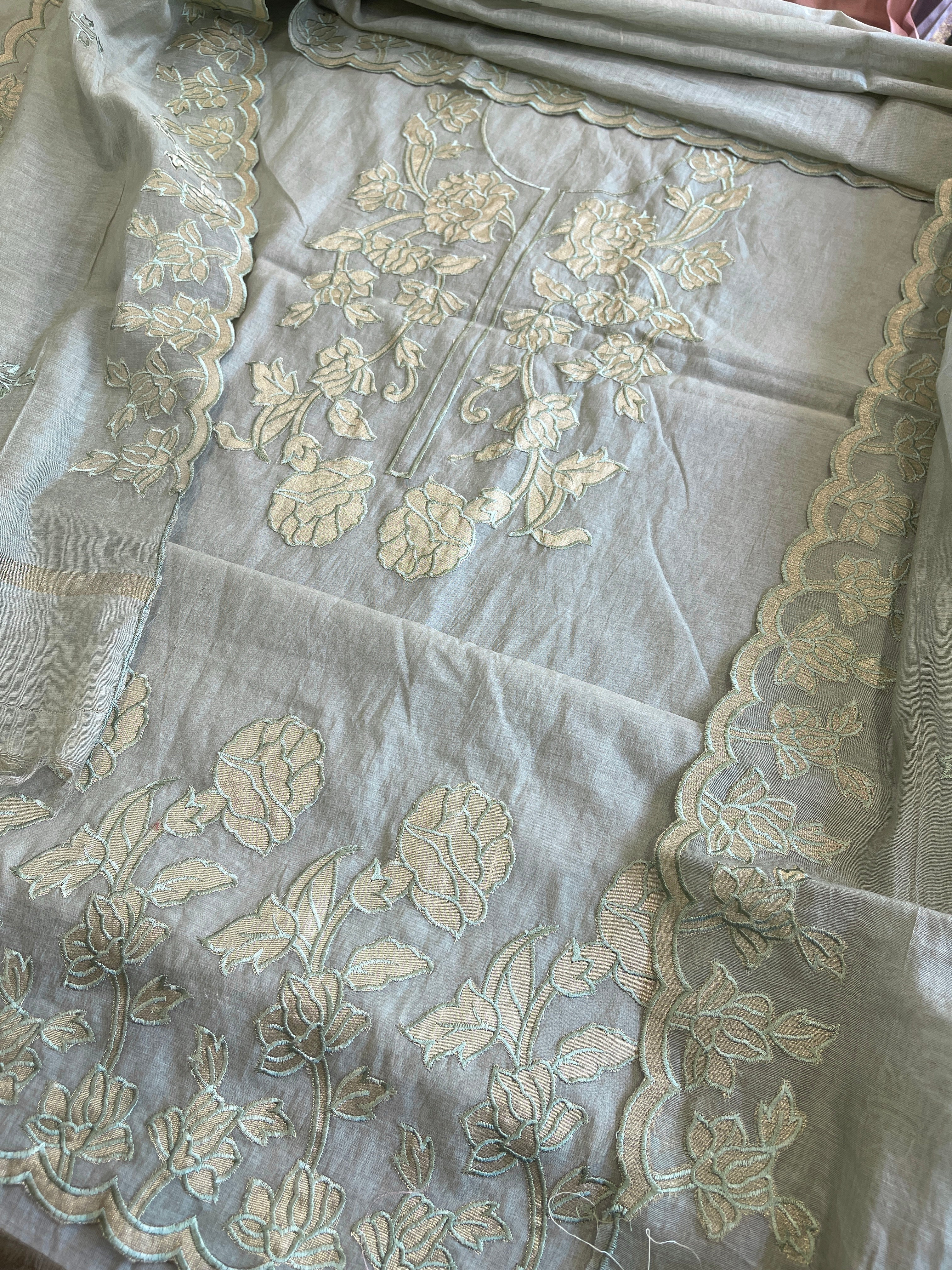 Greenish Grey Applique Suit Set in Mul Chanderi - Masakalee