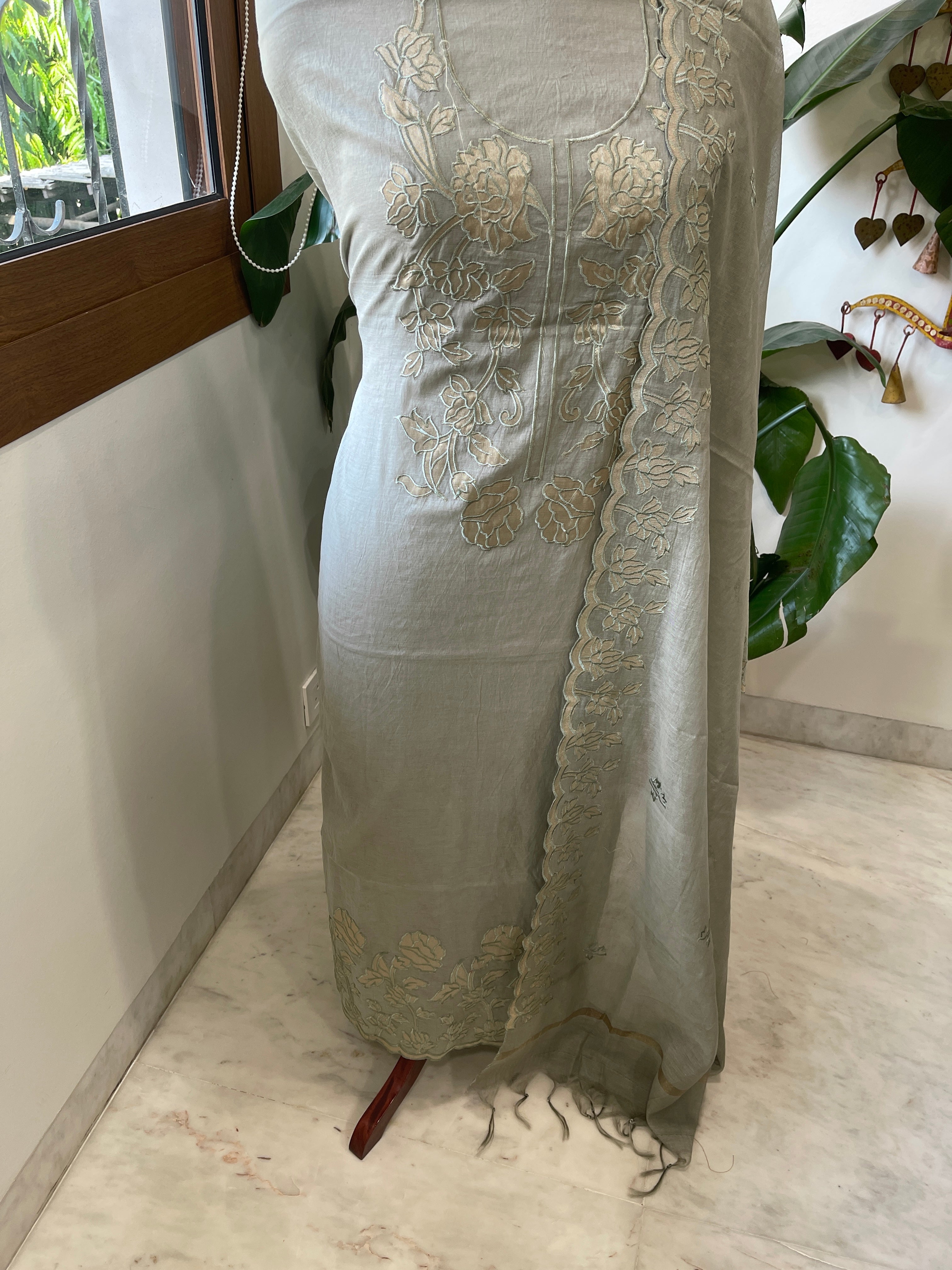 Greenish Grey Applique Suit Set in Mul Chanderi - Masakalee