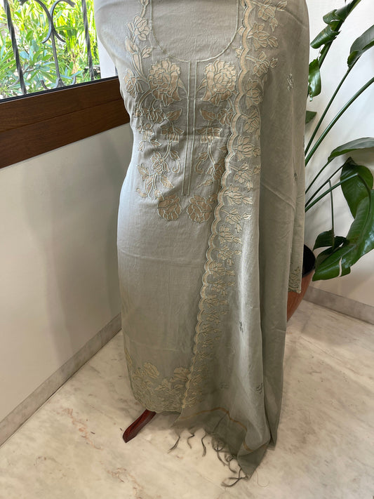 Greenish Grey Applique Suit Set in Mul Chanderi - Masakalee