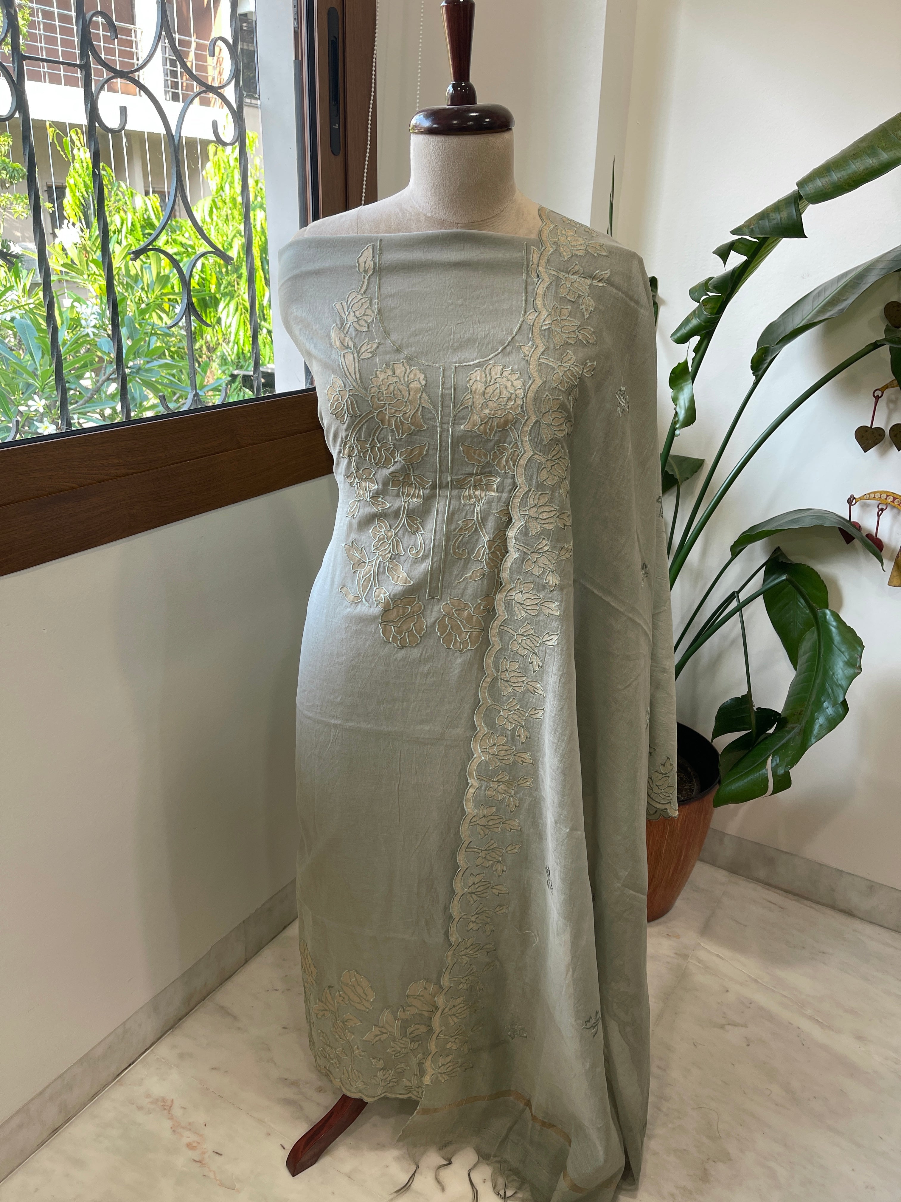 Greenish Grey Applique Suit Set in Mul Chanderi - Masakalee