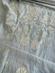 Greenish Grey Applique Suit Set in Mul Chanderi - Masakalee