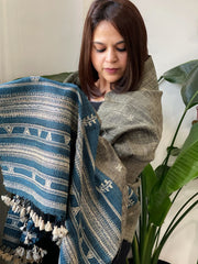 Greenish Grey Handwoven Bhujodi Shawl in Pure Tussar and Wool - Masakalee