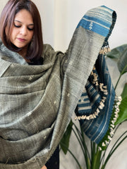 Greenish Grey Handwoven Bhujodi Shawl in Pure Tussar and Wool - Masakalee
