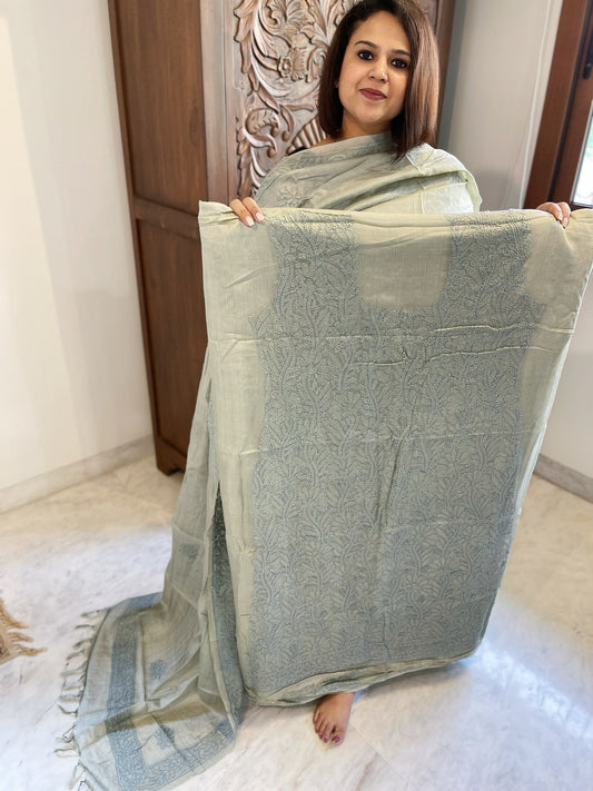 Greenish grey Suit Set with Lucknowi Handwork in Pure Tussar Silk - Masakalee