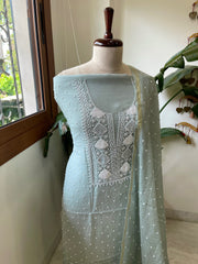 Greenish Grey Suit Set with Pearl, Cut Daana and Lucknowi Thread Handwork in Pure Mul Chanderi - Masakalee