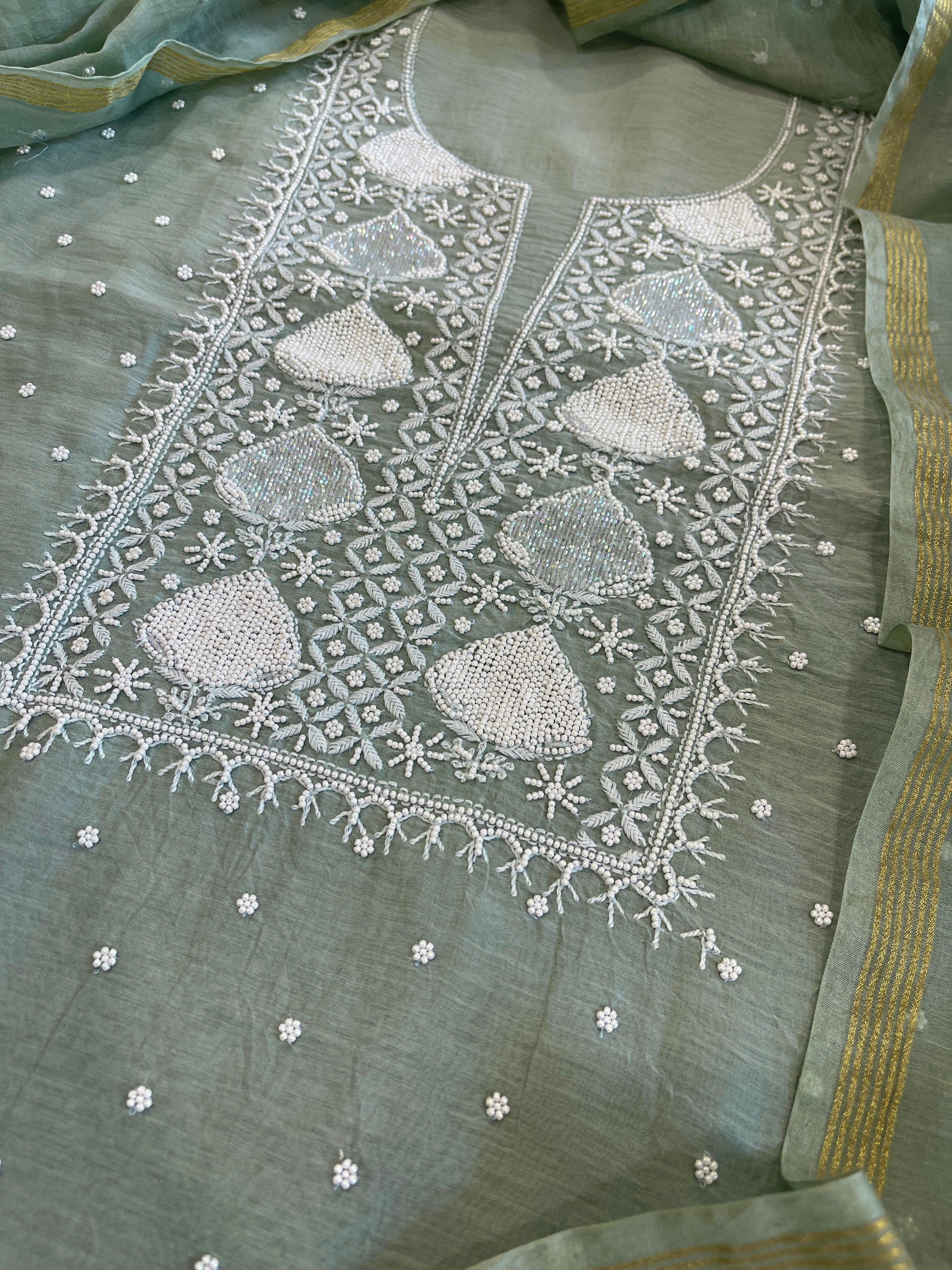 Greenish Grey Suit Set with Pearl, Cut Daana and Lucknowi Thread Handwork in Pure Mul Chanderi - Masakalee