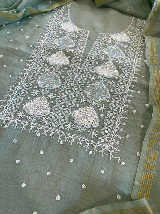 Greenish Grey Suit Set with Pearl, Cut Daana and Lucknowi Thread Handwork in Pure Mul Chanderi - Masakalee