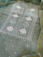 Greenish Grey Suit Set with Pearl, Cut Daana and Lucknowi Thread Handwork in Pure Mul Chanderi - Masakalee
