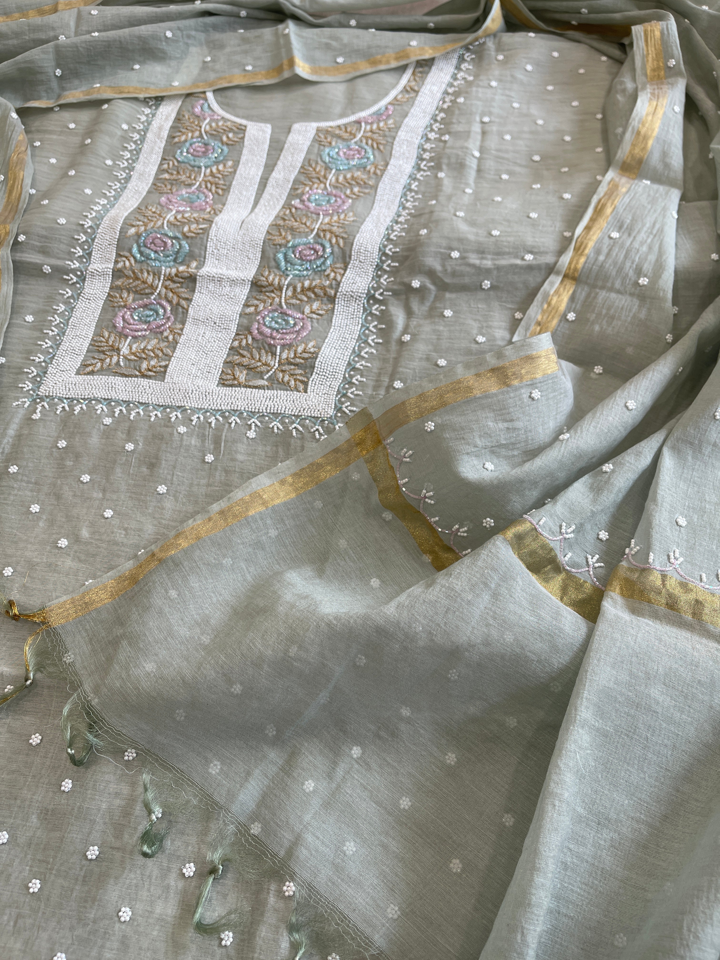 Greenish Grey Suit Set with Pearl, Cut Daana and Thread Handwork in Pure Mul Chanderi - Masakalee