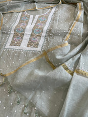 Greenish Grey Suit Set with Pearl, Cut Daana and Thread Handwork in Pure Mul Chanderi - Masakalee