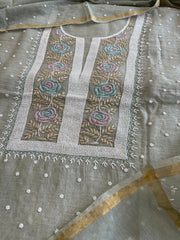 Greenish Grey Suit Set with Pearl, Cut Daana and Thread Handwork in Pure Mul Chanderi - Masakalee